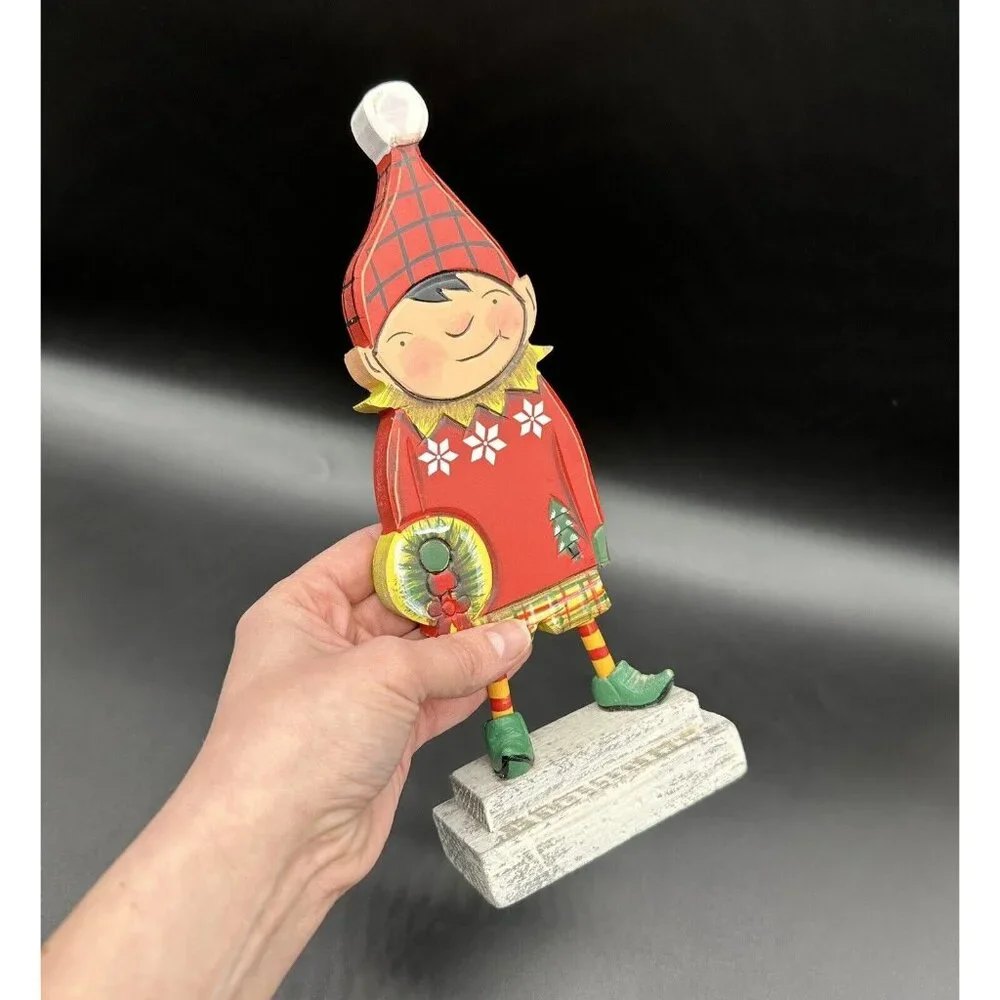 Christmas Elf Decoration Wood Figurine Laura Benge Freddy Wreath Pixie Kitsch - Picture 9 of 10